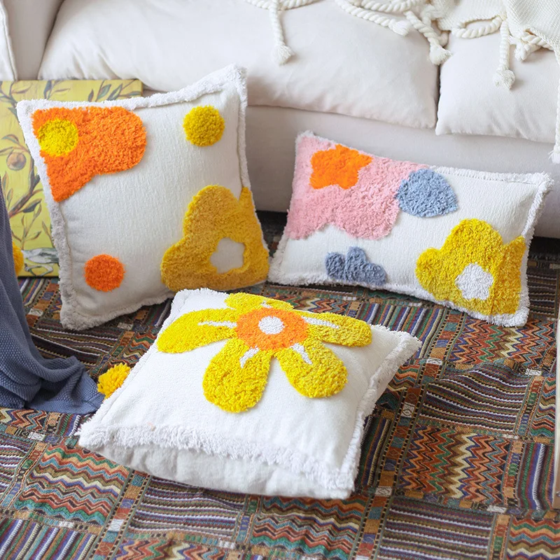 Embroidery Floral Pillow Case Throw Sofa Cushion Cover Tassel Sofa Home Decor