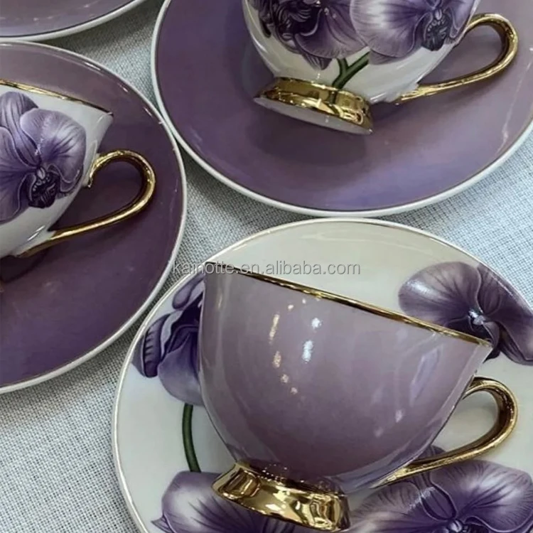 Bulk Set Of 6pcs Orchid Porcelain Fine Bone China Tea Cup And Saucer