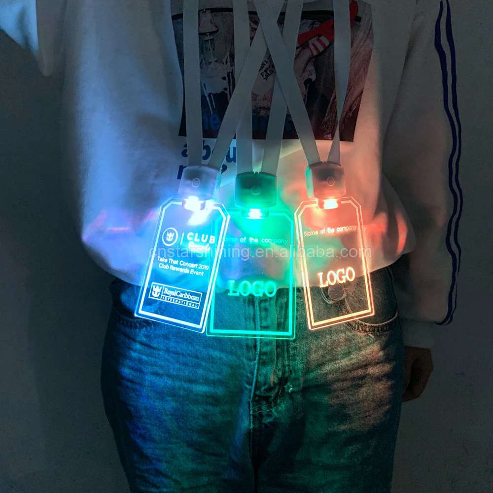 Factory OEM Laser Engraved LOGO Customized Shape Colorful Light up Acrylic ID Card Holder LED Lanyard