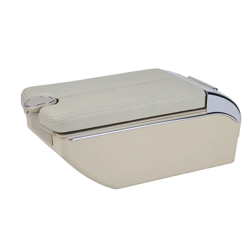 product adjustable usb car storage box with cup holder luxury universal car genuine leather central armrest box-3