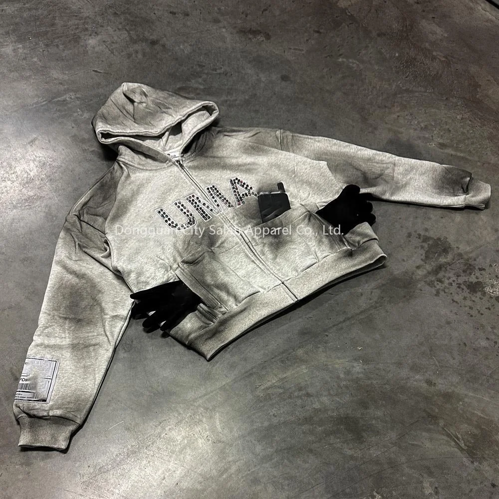 Salati Custom 2025 New Soft Zip Diamond Crystal Dirty Hoddies Faded Boxy Oversized Acid Wash Rhinestone Men's Hoodies Sweatshirt gallery 3