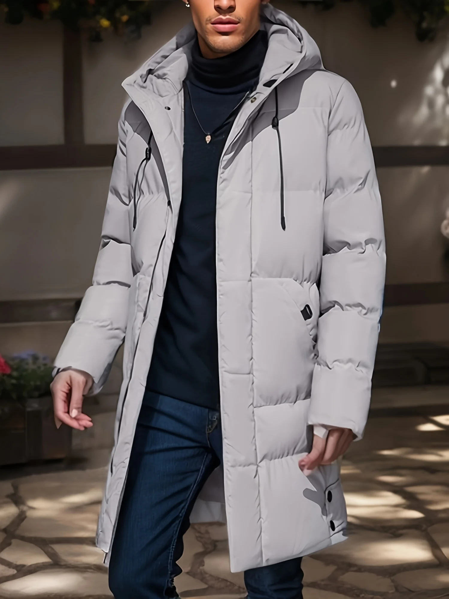 Warm Hooded Mid-length Jacket, Men's Casual Zip up Jacket Overcoat for Fall Winter Outdoor