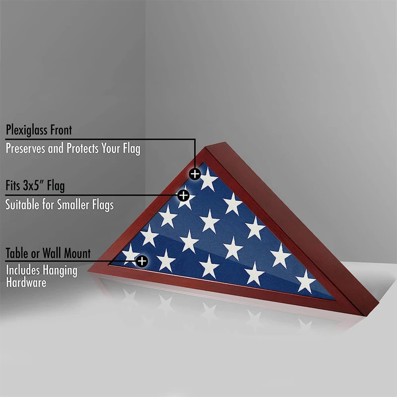 Large Wooden Flag Box Display Case for Burial Flag Triangle Flag Holder with Wall Mount and Polished Plexiglass Front