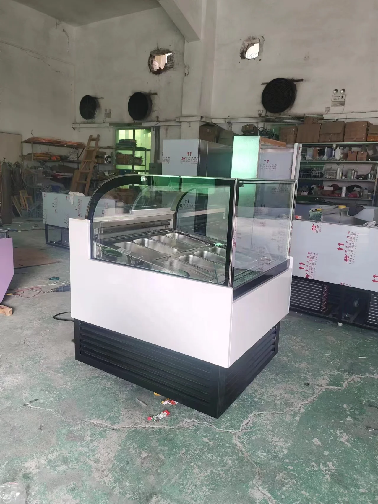 アイスクリームディスプレイ ホワイト・オレンジ 約106cm 小型商業用曲面スライドガラス扉アイスクリームショーケース冷凍庫