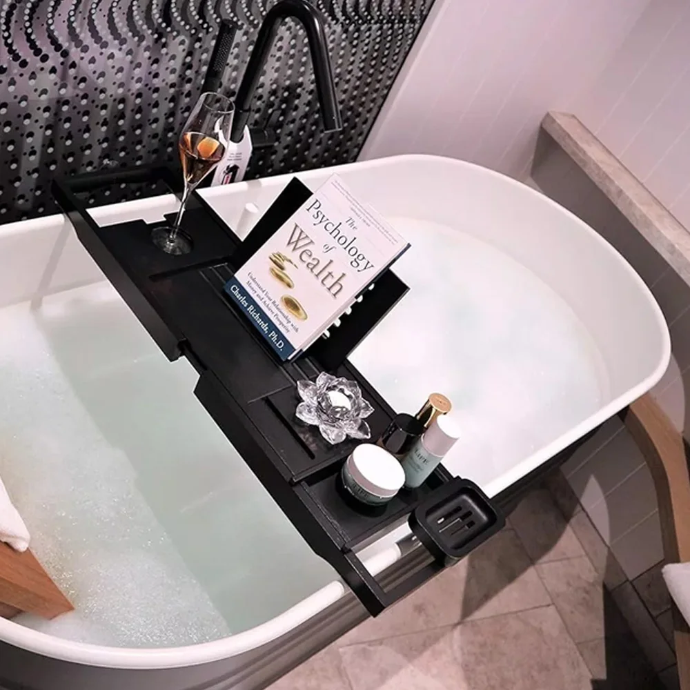 Black Bamboo Bathhtub Tray with Nonslip Durable Bath Table and Compartments Durable Bathroom Set