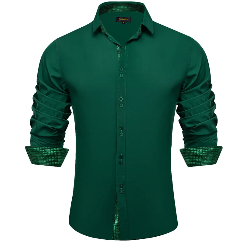 New Dress Shirt for Men Solid Sea Green Splicing  Long Sleeve Shirt Business Formal  Slim Fit Social Shirts Male Clothes