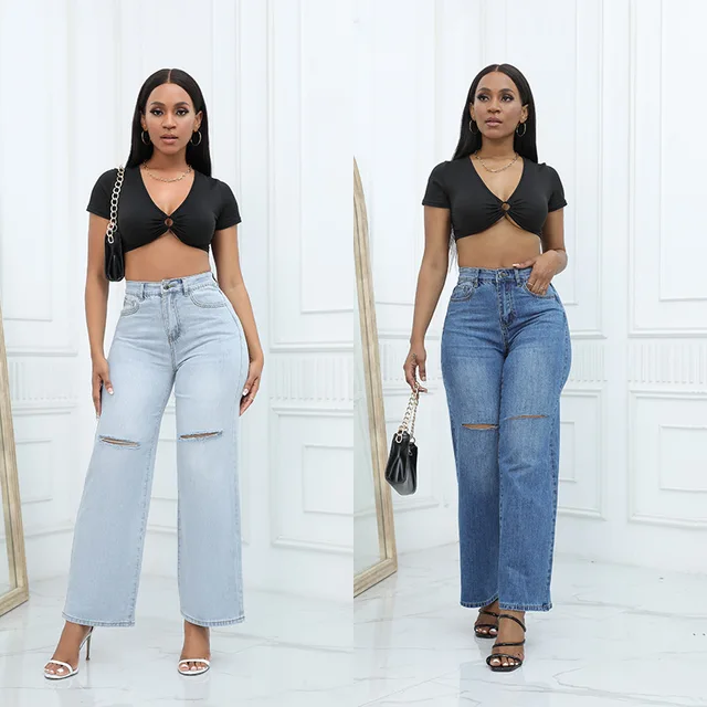 OEM Light Blue Black Blue Zipper Button High Waist Denim Jeans Straight Legged Loose Jeans Wholesale Custom Women Clothes Pants