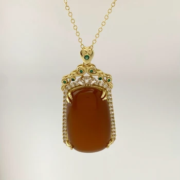 Fine Big Size Rectangle Brown Chalcedony Zircon Surround Inlaid Pendant Natural Stone Emerald Charms