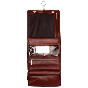 Custom Logo PU Cognac Leather Hanging Travel Shaving Dopp Kit Toiletry Wash Bag for Men