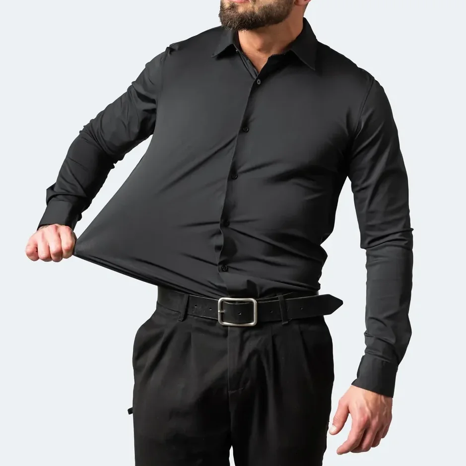 Männer Hemden Einfarweg Langärmlech Stretch 4-Wee-Stretch Formell Hemd Business Casual Button-Down Hemden166_voghion.com
