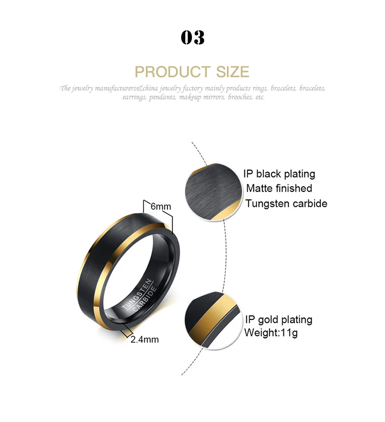 Hot Selling Wholesale customizable Electroplating black gold brushed tungsten steel men's ring TCR-074