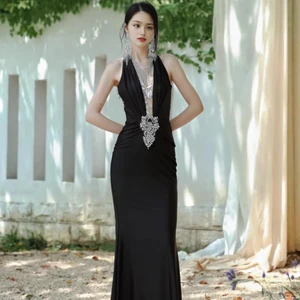 Bettergirl 2026 Spring New Backless Sexy Diamond Black Women Dress Pleated Slim Long Party Dress
