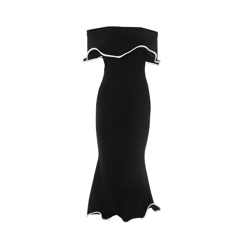 Elegant Black Midi Dress With Ruffled Off-the-shoulder Straps Elegant Black Midi Dress With Ruffled Off-the-shoulder Straps