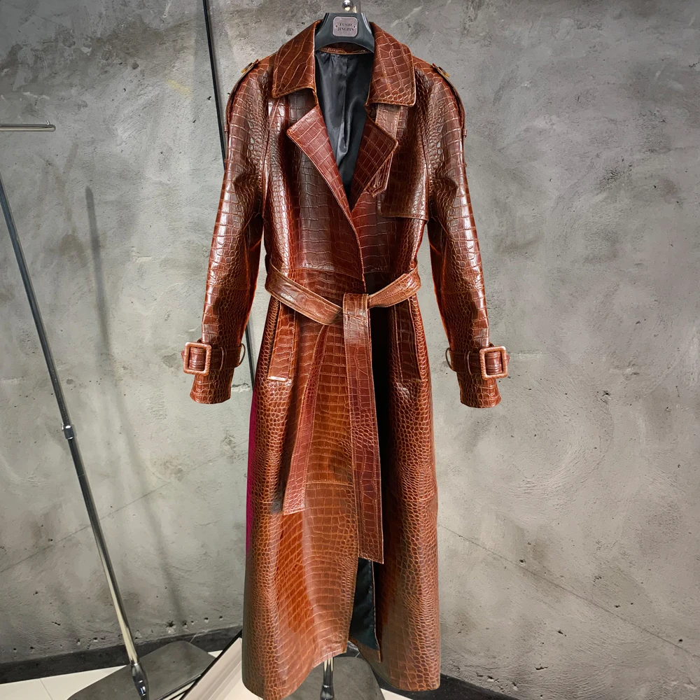 Crocodile Texture Long Trench Coat Fashion Real Leather