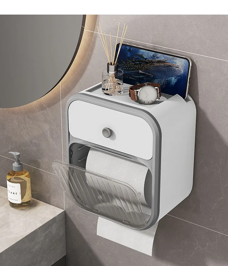 Wall Mounted Waterproof Double Layer Drawer Design Bathroom Roll Toilet