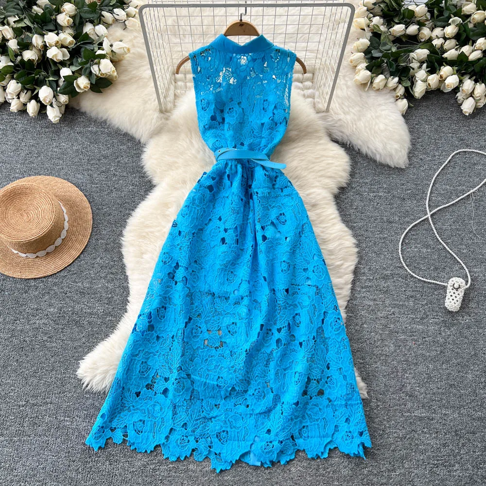 Dresses Women Lady Elegant Crochet Lace Dress With Tie-Up Detail Sleeveless  Open Front Boho Summer Dress