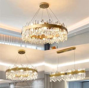 Gold Luxury Connector Rings Round Pendant Light Brushed Gold Crystal Chandelier for Living Room
