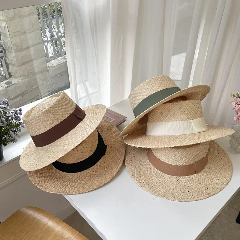 Summer Wide Brim Lafite Straw Handmade Fedora Straw Hat Men Women Summer Beach Jazz Hats