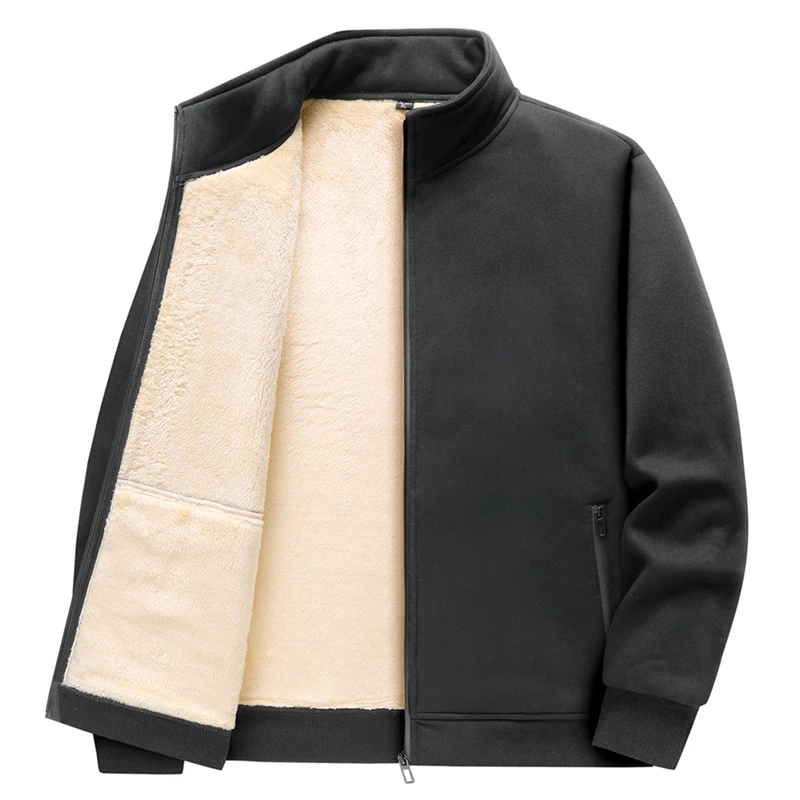 Sherpa wool-lined zip-up unisex autumn stand-up collar fleece jacket, windproof 70% cotton casual coat