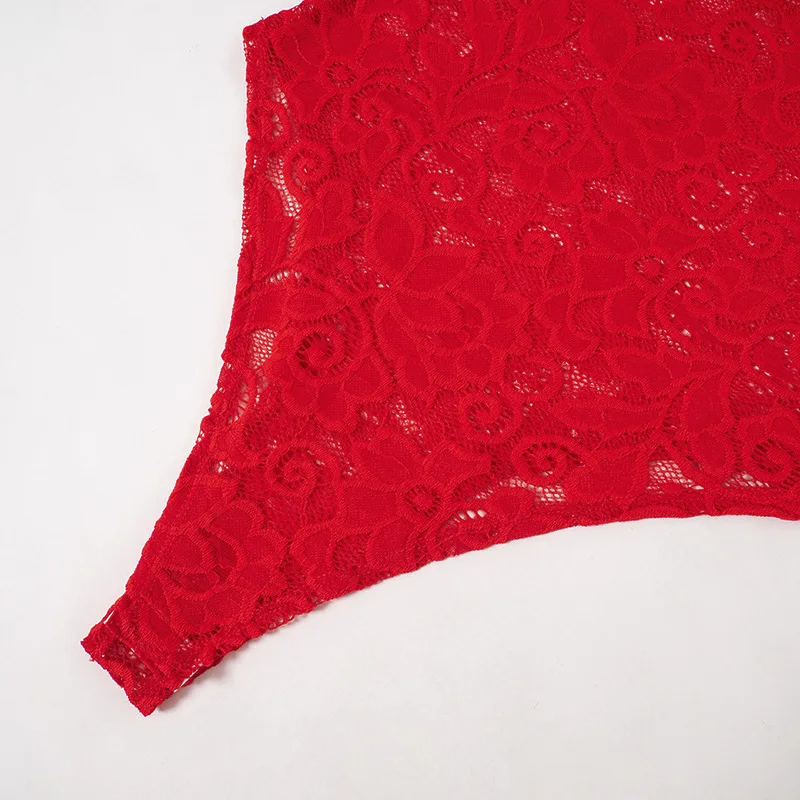 C1460 2023 Autumn New Fashion Hollow Lace Bodysuit Women's Red Pants ...