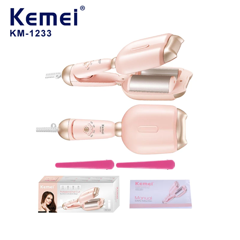 KEMEI Km-1233 : fer à repasser stylé et mignon, couleur rose, 4 réglages de température, forme en V, pour coiffure maison ; appareil chauffant électrique à technologie PTC pour boucler les cheveux.