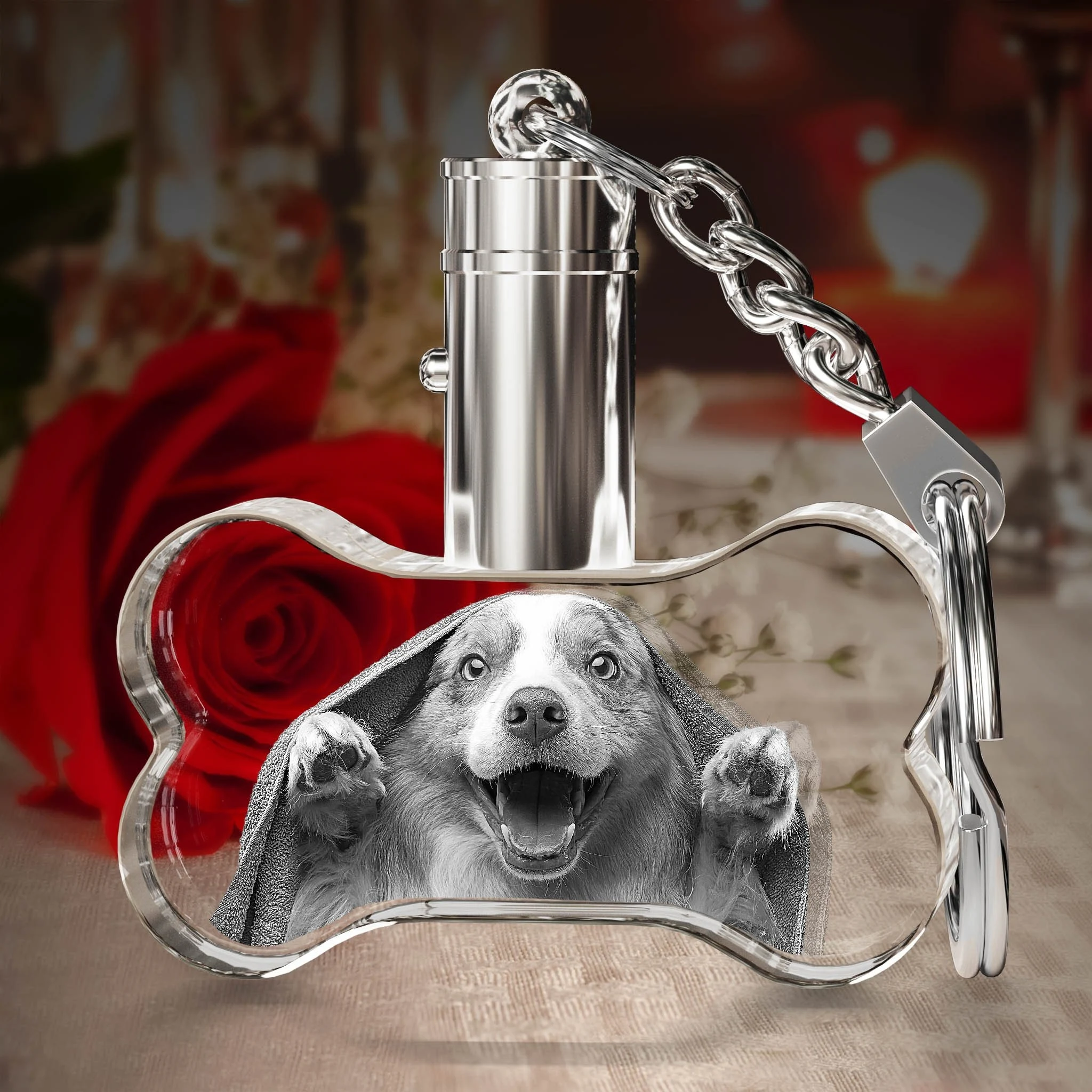 Shining Custom Crystal 3D Laser Engraved Bone shape Pet Paw Keychain For Souvenir gift