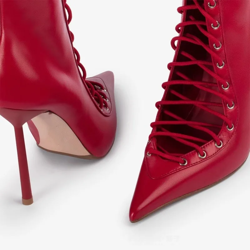 Lace Up Dress Red Stiletto High Top Ankle Boots Pointed Toe Plus Size Sexy Women High Heel Short Boots - Image 4