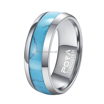 Poya 8mm Polished Beveled Flat Silver Plated Tungsten Ring With Turquoise Inlay