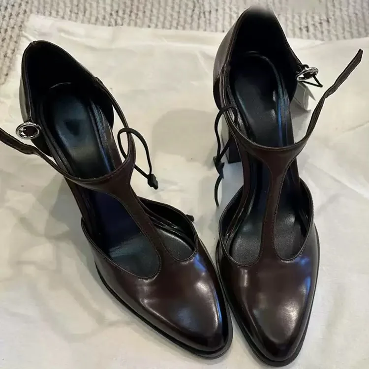 Ladies Pumps Shoes Pointed Toe Chunky Heel 6cm Lace Up Roman Mary Jane Women