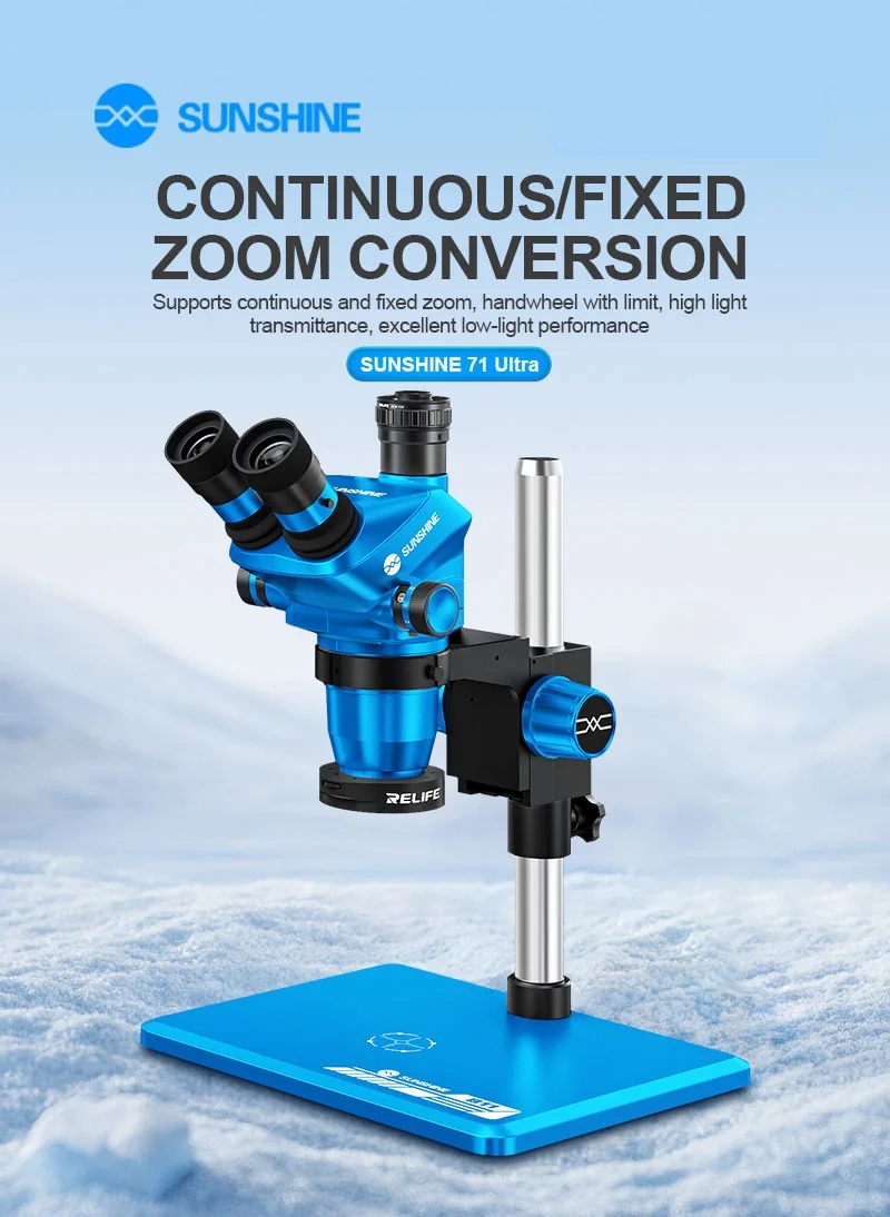 Microscope électronique SUNSHINE 71 Ultra Trinocular à zoom continu et fixe pour la réparation de téléphones mobiles et de bijoux