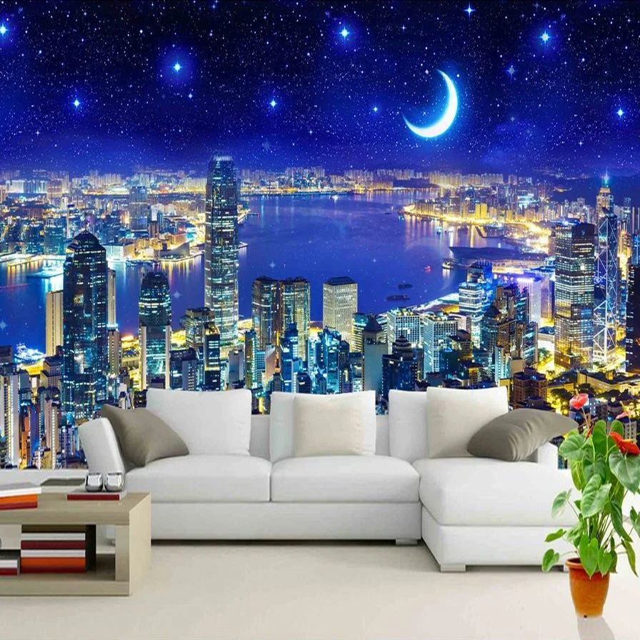 3D City Building Starry Sky Night View TV Background Wallpaper Wall Murals Decor 