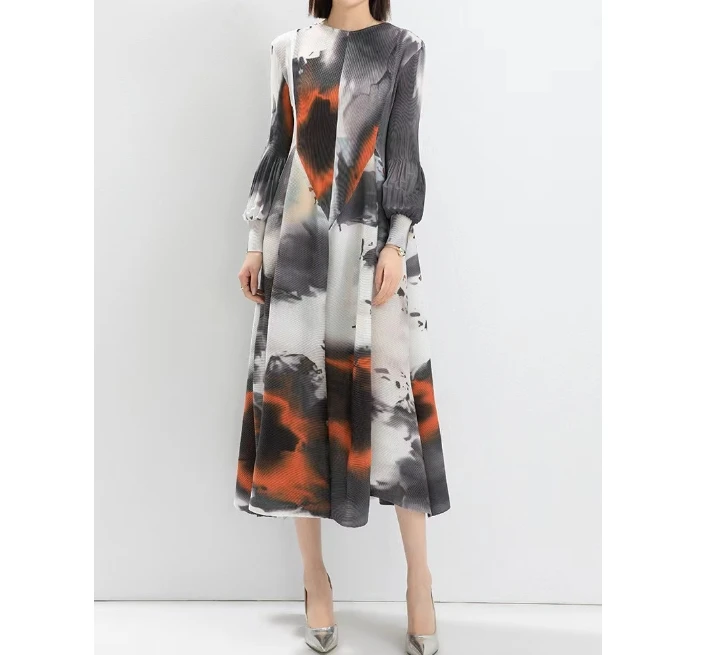Sheen High Quality Ladies Fashion Print Pleated Plus Size Lady Casual  Dresses Miyake African Designs in Chiffon Women Long Dress