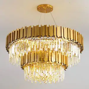 Modern Hanging Light Living Room Hotel Round Rectangular Luxury Gold K9 Crystal Chandeliers