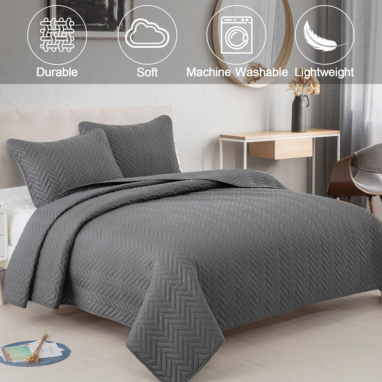 Queen Quilt Bedding Set,3 Piece Grey Soft Microfiber Lightweight Bedspread Coverlet Buy