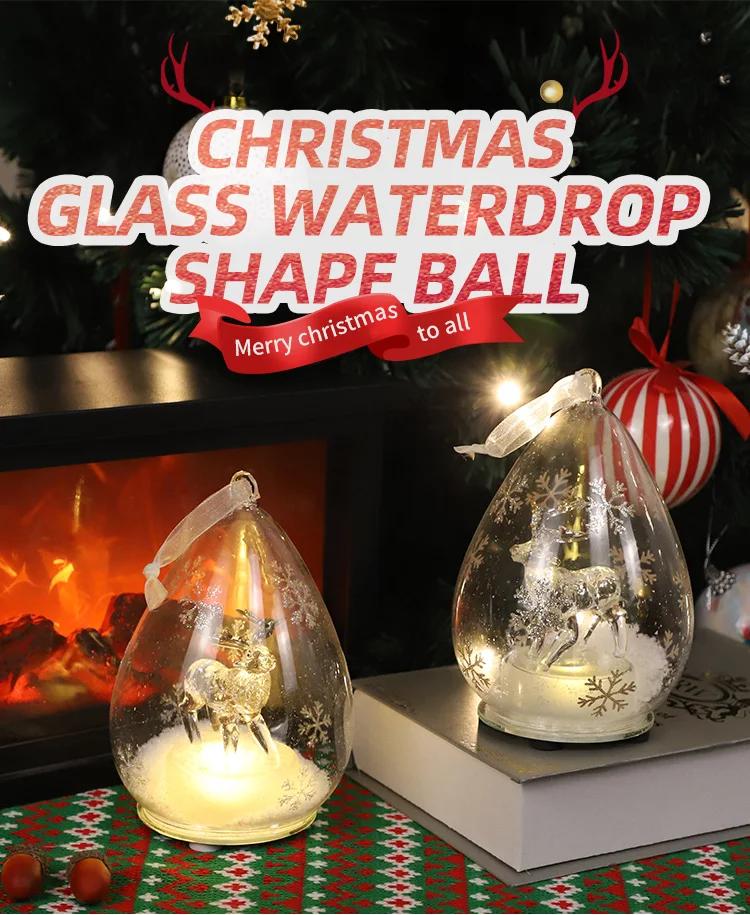 Teardrop Shaped All Clear Glass Decorative Handmade hanging Christmas Tree Decorations Small Dear Figurine With Lights New Year supplier