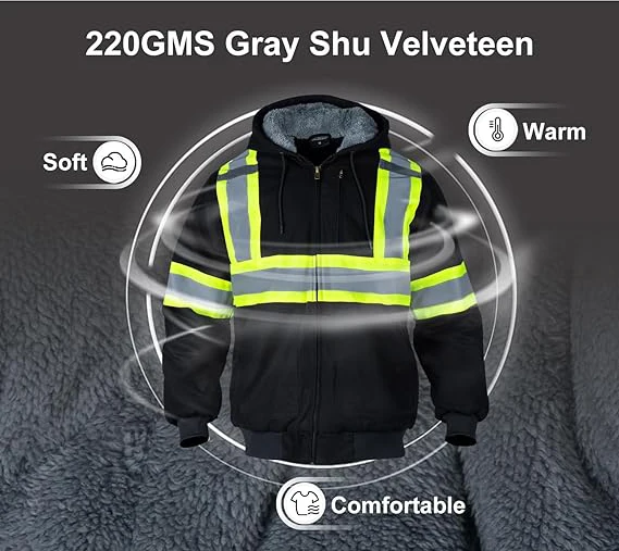 Custom Logo High Visibility Reflective Safety Hoodie Sweatshirt Zip up Fleece Lined Workwear for Construction