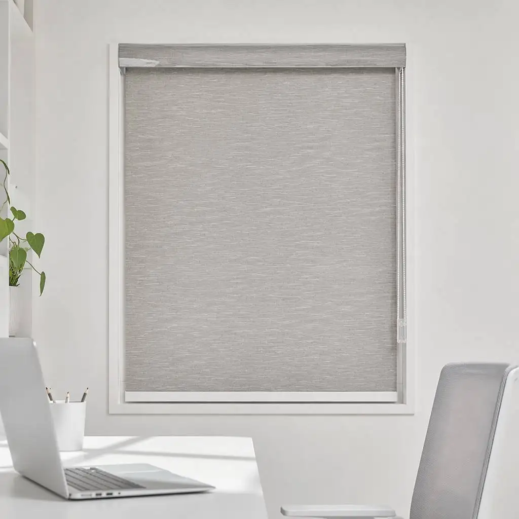 Tende a rullo integrate OEM/ODM, tessuto grigio semi-oscurante, guida superiore curva ad arco, dimensioni personalizzate per uso alberghiero, commerciale e quotidiano
