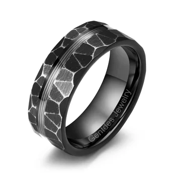 Gentdes Jewelry 8mm Faceted Black Tungsten Ring With Silver Fishing Lines Inlay, Black Mens Wedding Band, Comfort Fit