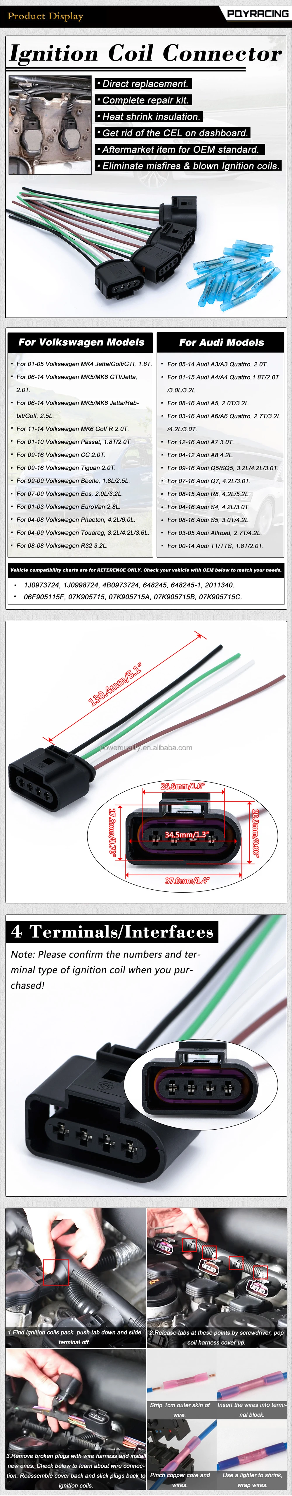 Kit Connettori Bobina Accensione Per Audi/VW - 4 Pezzi, Compatibile Con 1J0973724 - Foto 3