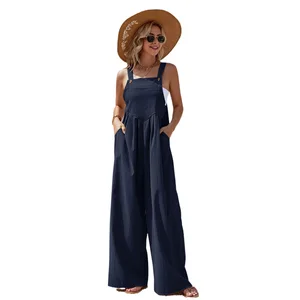 2026 Spring Trendy Women's Casual Summer Jumpsuit Outfits Loose Elegant Sleeveless Wide Leg Rompers with Pockets