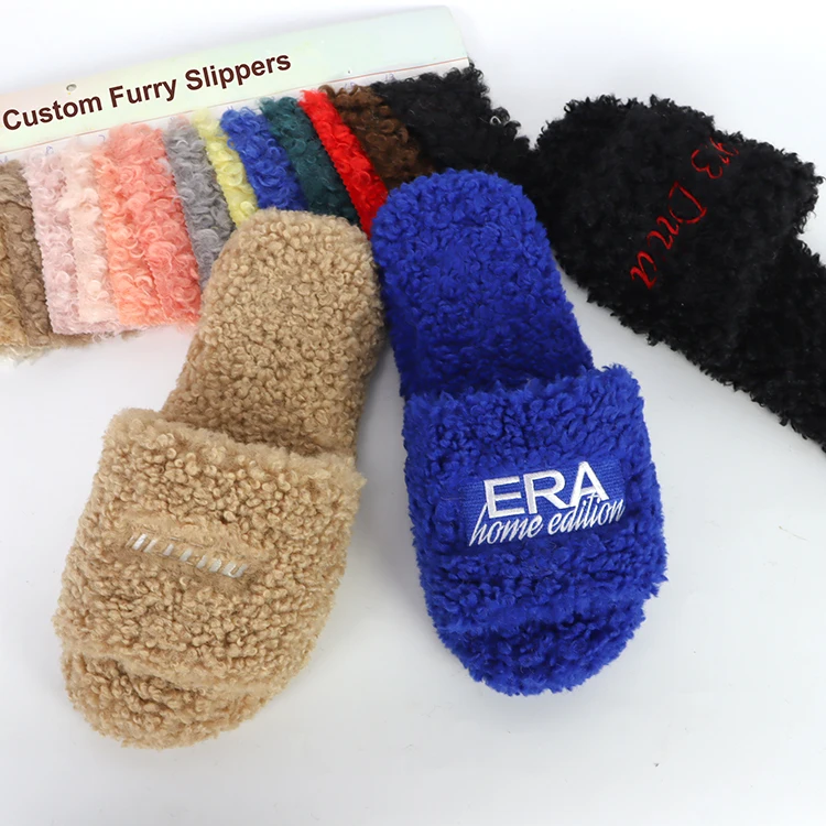 Custom Women's Open Toe Winter Lamb Wool Memory Foam Fluffy Fake Shearling Fur Furry Slides Slippers