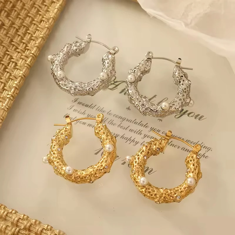 Chunky U Shape Pearl Zircon Hoop Earrings 18k Gold Plated Stainless Steel Huggie Hoop Minimalist Earrings Women  Tarnish Free
