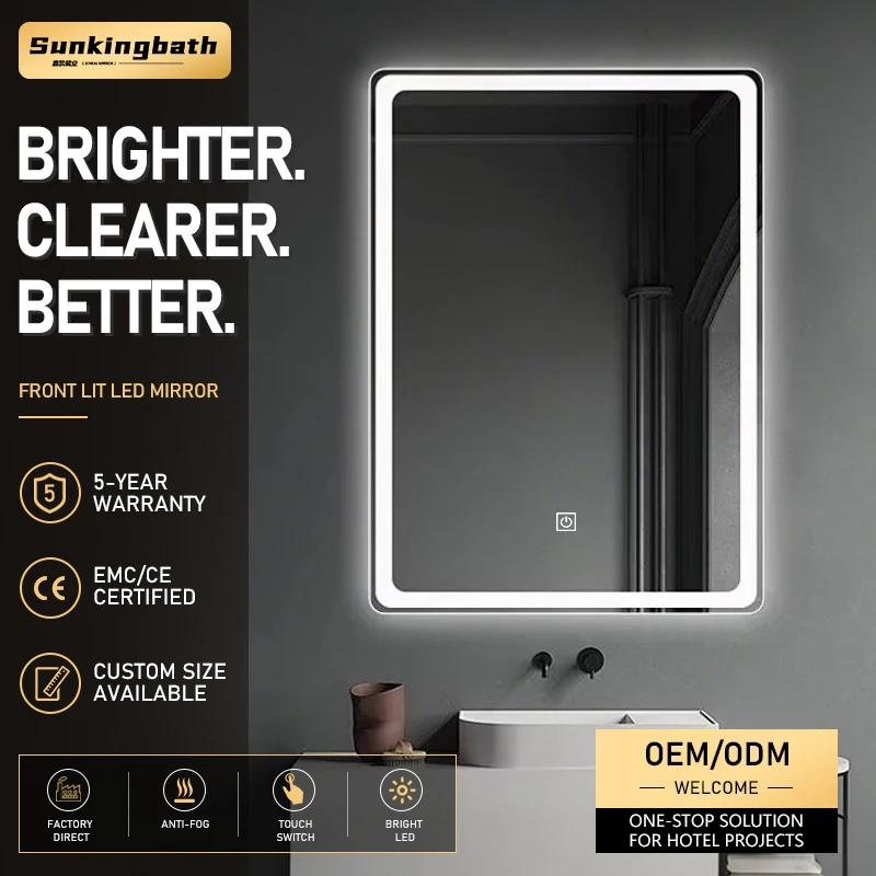 LED Bathroom Mirror Front Lit Illuminated Anti-Fog Rectangular Wall Mounted IP44 Smart Bathroom Mirror with Led Light for Hotel