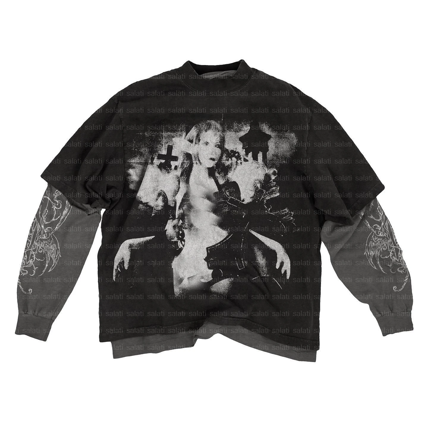 Custom Cotton Graphic Dtg Printing Double Layered Vintage T Shirt Double Layer Tee Acid Wased Long Sleeve T Shirt for Men gallery 3