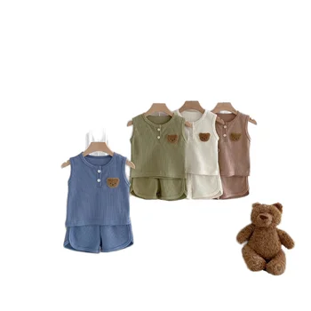 2025 Ins Summer Infant Clothes Toddler Clothing Boys Girls Two-Piece Suit Waffle Bear Sleeveless Top Button Closure Baby Suit