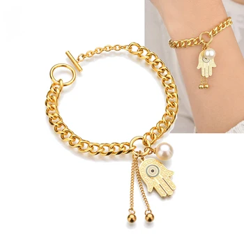 Antique Turkish Hamsa Fatima Hand Charms Bracelet Stainless Steel 14K gold plating Evil Eyes Pearl charm women Bracelet Jewelry