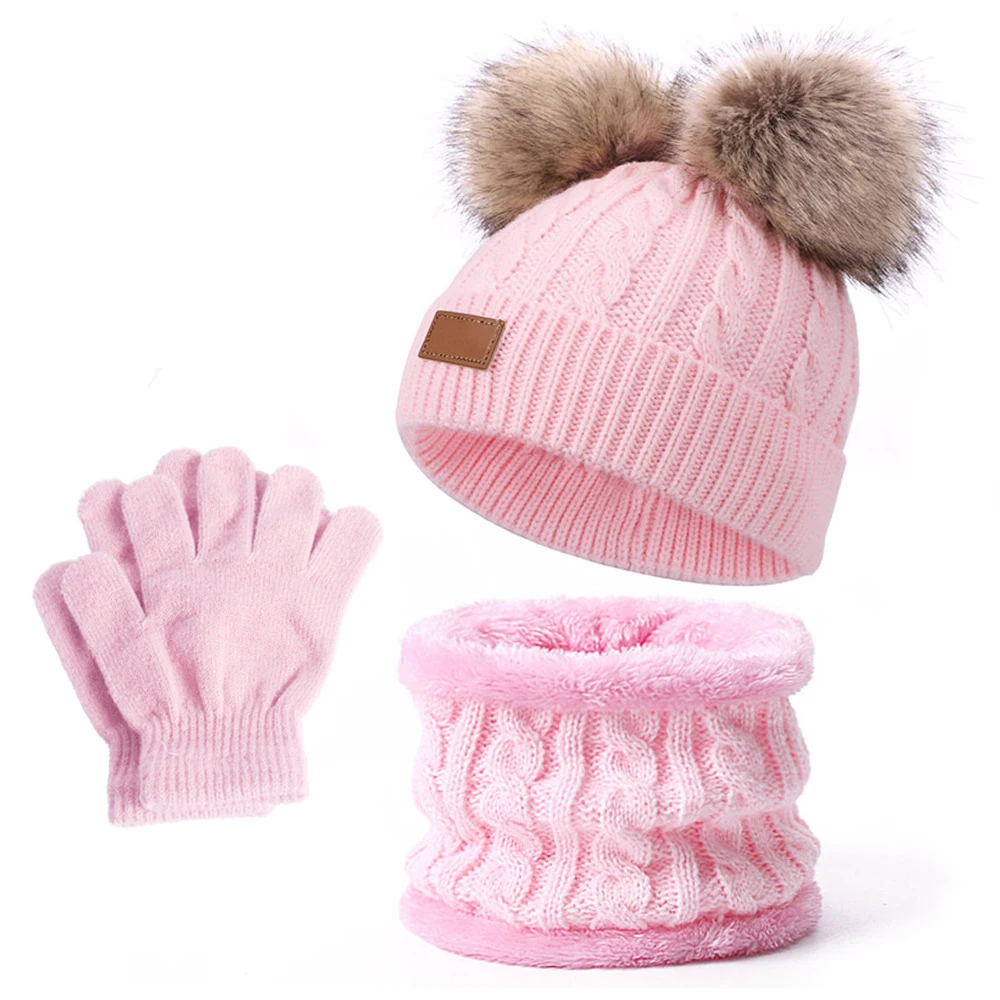 Bsci Factory Wholesale Warm Pom Pom Hats Kids Children Winter 3 Pcs Knit Hat Scarf &glove Sets