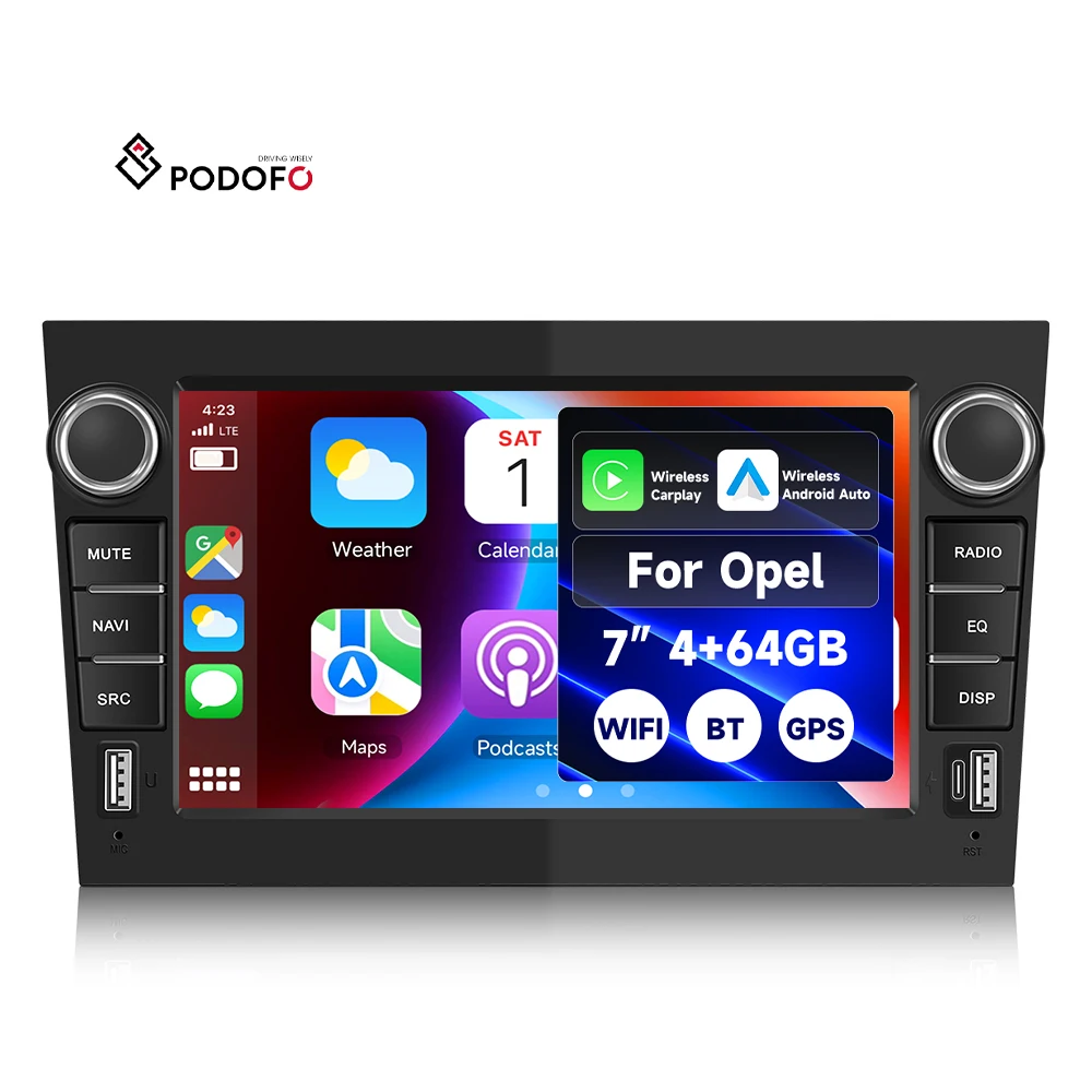 Podofo 2 Din Android Car Stereo 4+64G 7'' Wireless Carplay/Android Auto GPS/WiFi for Opel Astra Antara Vectra Corsa Zafira ODM