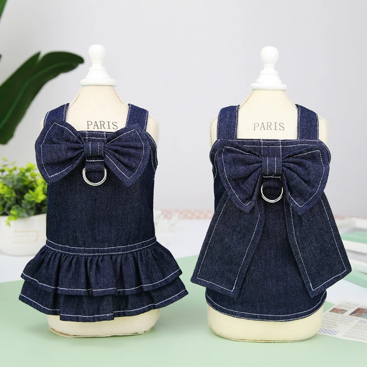Popular Hot Sale Spring Summer Pet Clothes Big Bow Tie Jeans Dog Vest T-shirt Dress XS Clothes with Hanger for Dog Leads