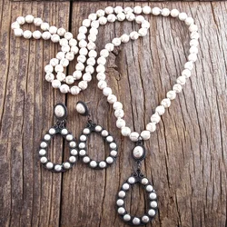 Fashion Boho Jewelry Set White / Blue Long Knotted Drop Necklace Earring Set Women Gift